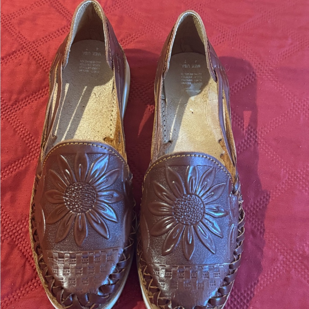 Brown Leather Floral Loafers